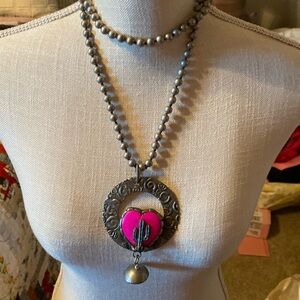 Art by Amy Labbe Silver and Pink Heart Cactus Faux Navajo Beads Pendant Necklace